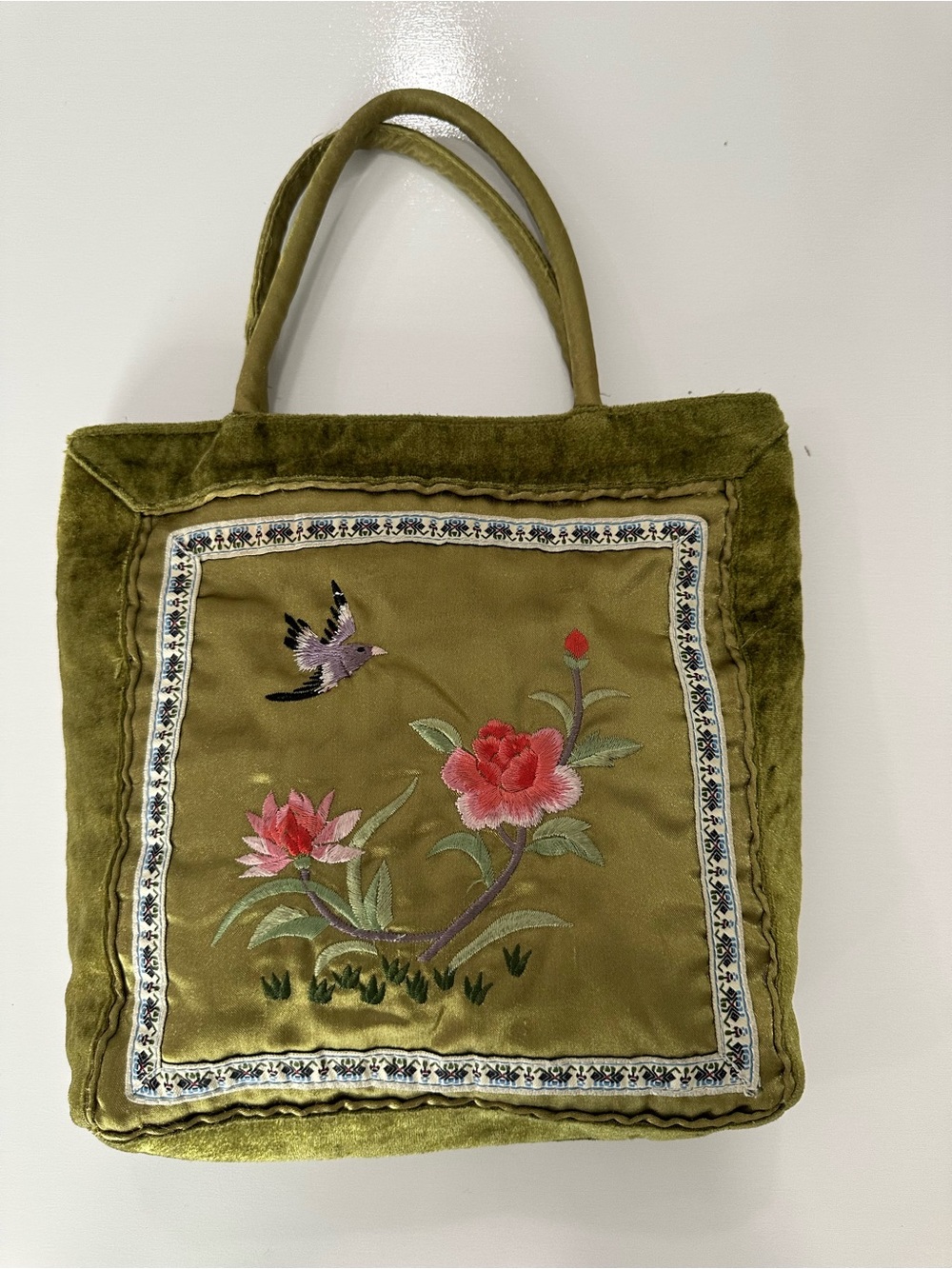 Cache Olive Green Embroidered Floral Tote